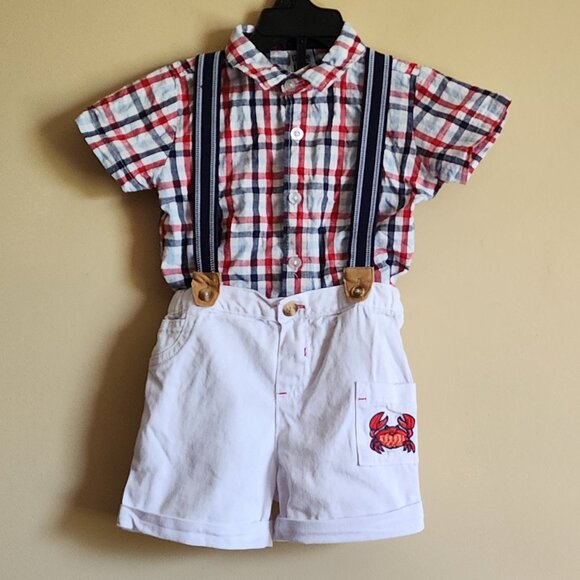 Little Lad /Boy's Suspender White Shorts Pocket With Crab 🦀Plaid Shirt Size 24M - Picture 1 of 6